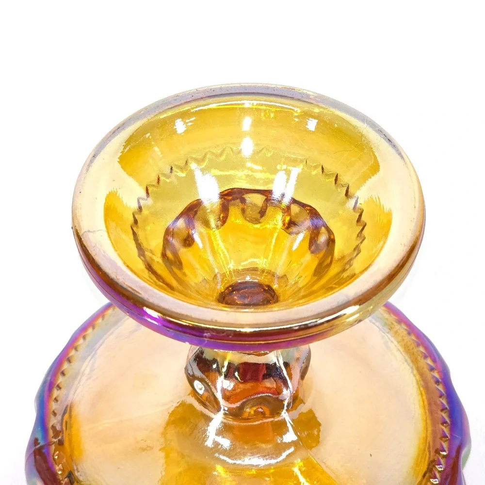 Amber Iridescent Glass Compote‎ Pedestal Dish Vintage Carnival Style Candy Bowl